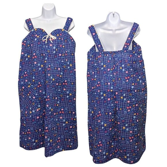 Vtg 70s RAYMOND HALPERN Blue Beachy Floral Check Sweetheart Shift MuuMuu Sz M/XL - Picture 1 of 8